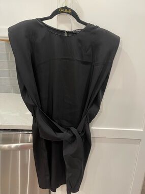 Aqua Black Tie-Waist Mini Dress w Padded Shoulders